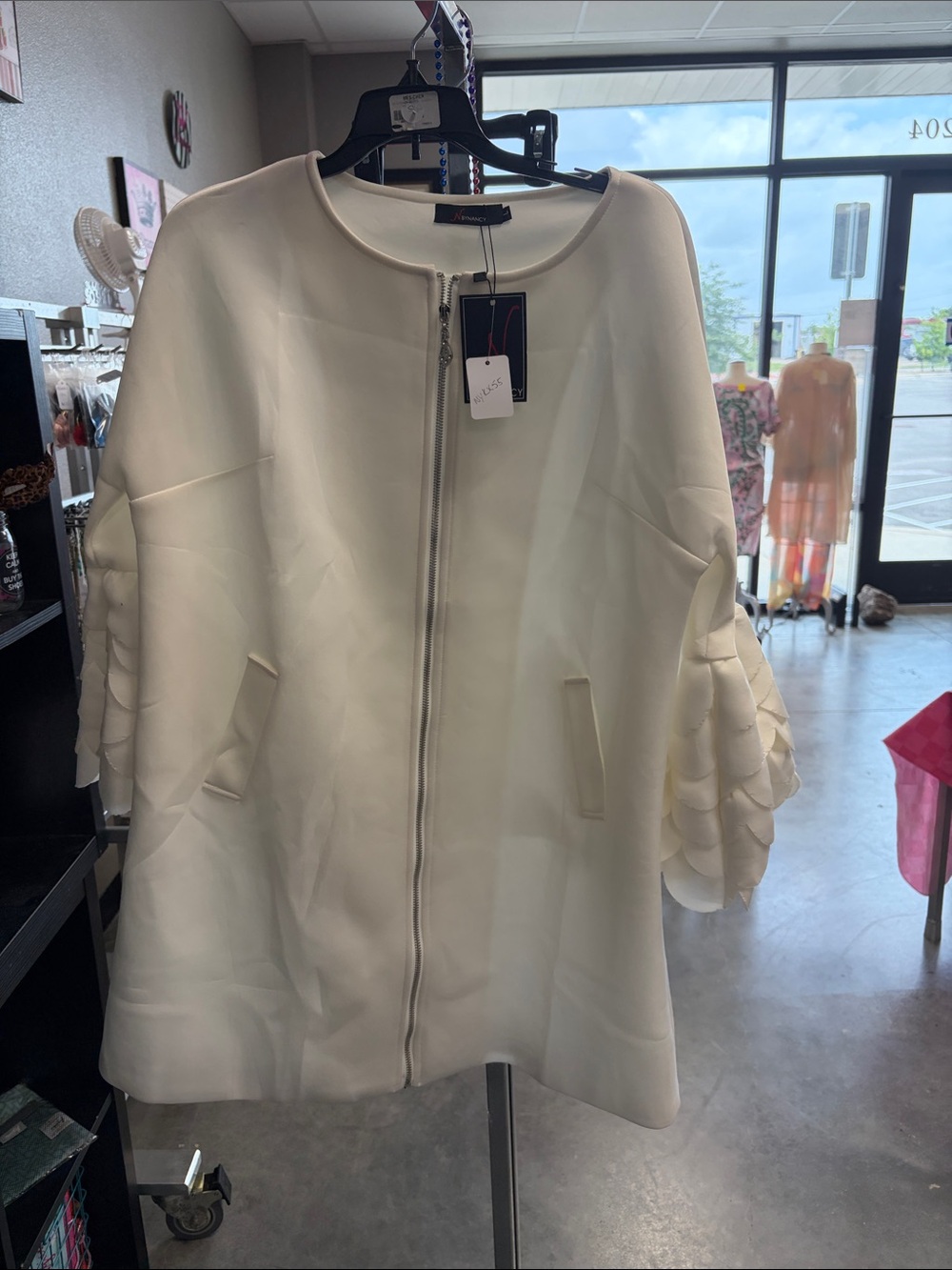 Women's Cream Zip-Front Trench Coat with Layered Sleeve Detail